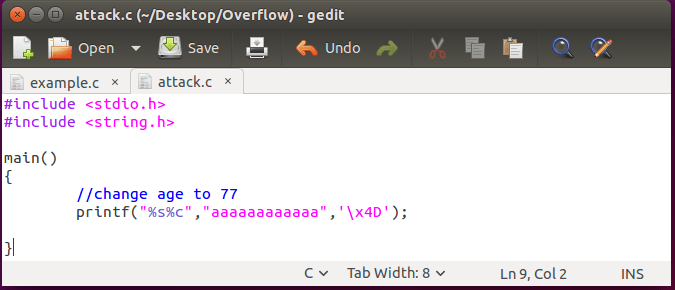 attack.c file. Notice where the age value is added. The 13th character!