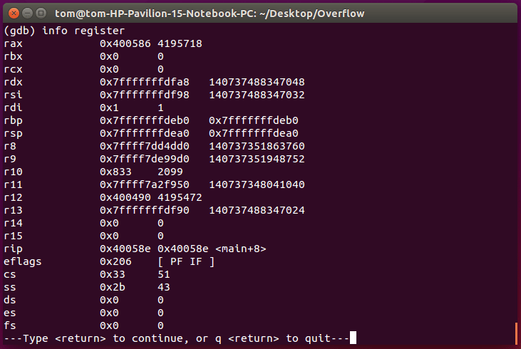 View Register. Base pointer (rbp) points to 0x7fffffffdeb0 while Stack pointer points to 0x7fffffffdea0