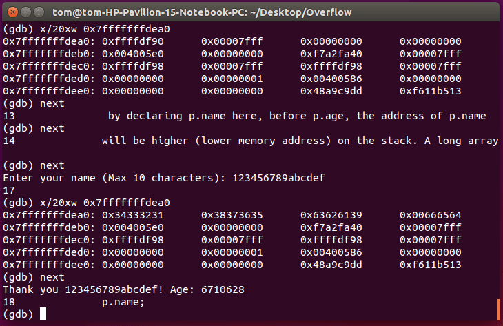 Stack frame after user input. Do not that